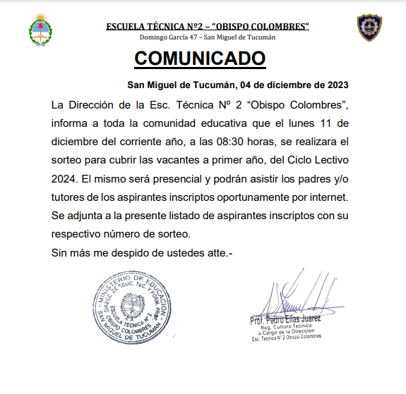 Comunicado Para Sorteo Ingresantes Listado Escuela T Cnica N